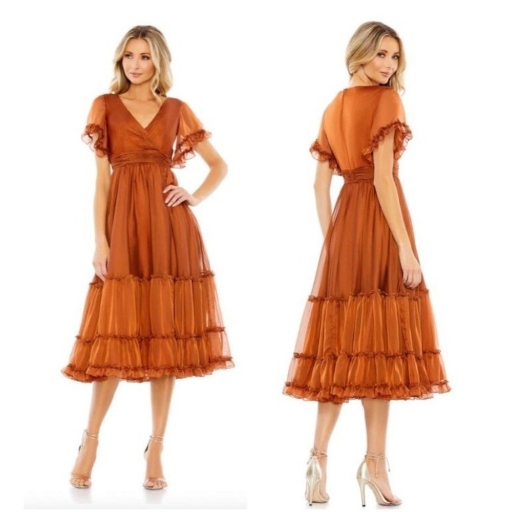 Mac Duggal Midi Tea Length Ruffled Dress Rust Cap Sleeve V-Neck 68018 NWT Size 2